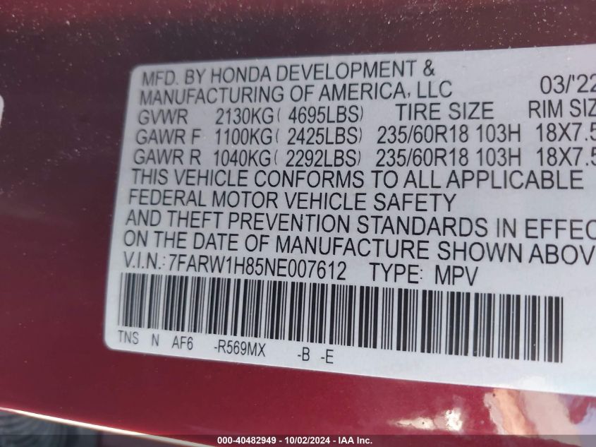 2022 Honda Cr-V 2Wd Ex-L VIN: 7FARW1H85NE007612 Lot: 40482949