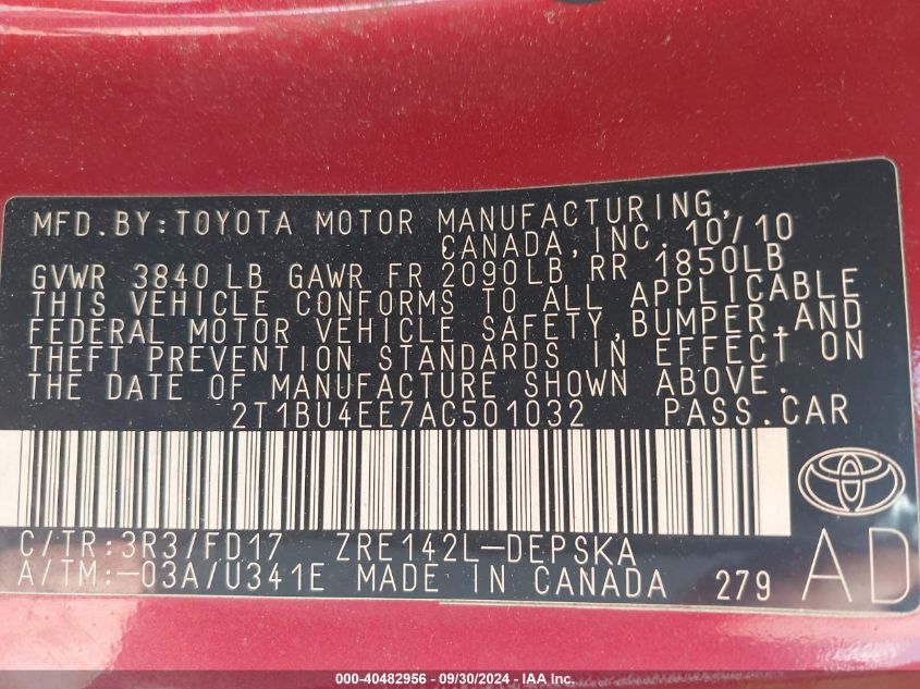 2010 Toyota Corolla S VIN: 2T1BU4EE7AC501032 Lot: 40482956