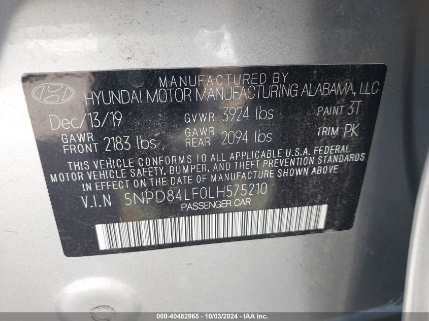 2020 Hyundai Elantra Sel VIN: 5NPD84LF0LH575210 Lot: 40482965