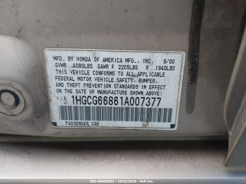 1HGCG66861A007377 2001 Honda Accord 2.3 Ex