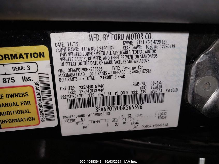 2016 Ford Fusion Se VIN: 3FA6P0T90GR265596 Lot: 40483043