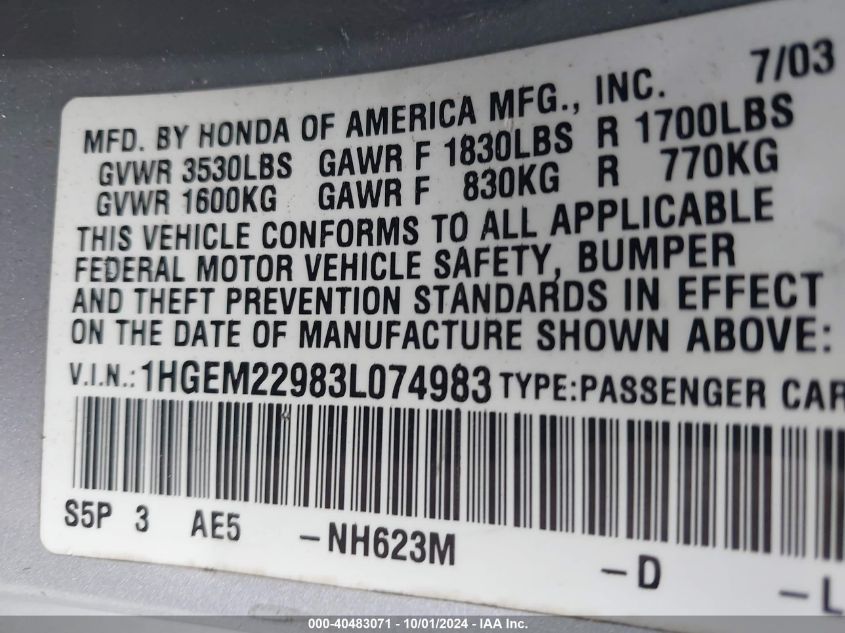 2003 Honda Civic Ex VIN: 1HGEM22983L074983 Lot: 40483071