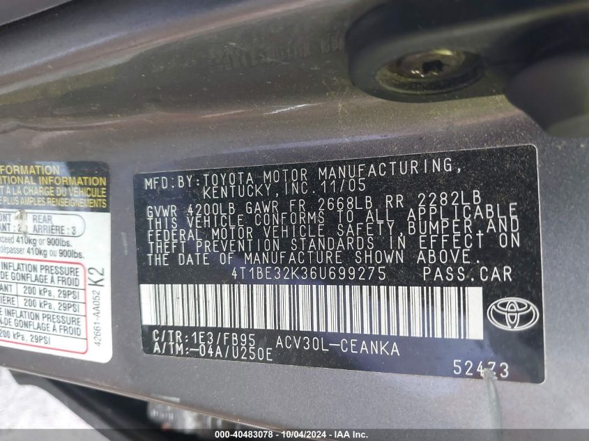 4T1BE32K36U699275 2006 Toyota Camry Le