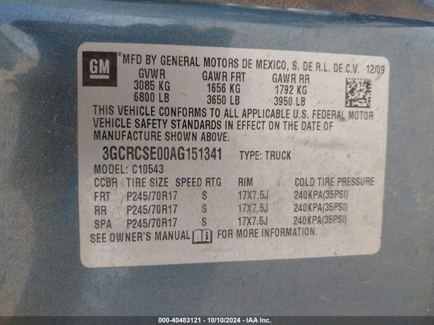 3GCRCSE00AG151341 2010 Chevrolet Silverado 1500 Lt