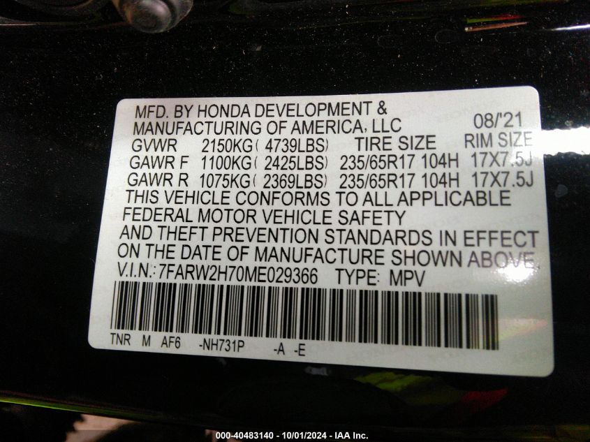 2021 Honda Cr-V Se VIN: 7FARW2H70ME029366 Lot: 40483140