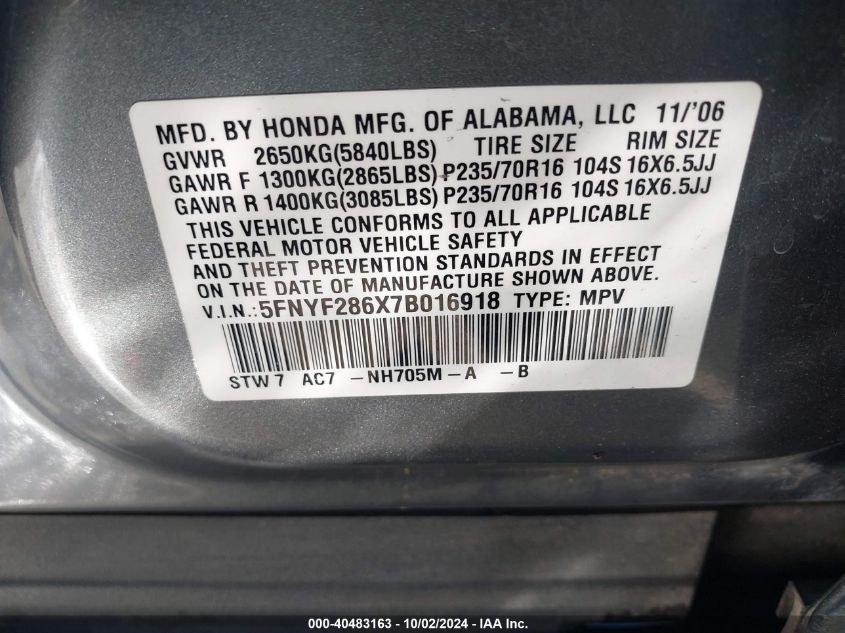 5FNYF286X7B016918 2007 Honda Pilot Ex-L