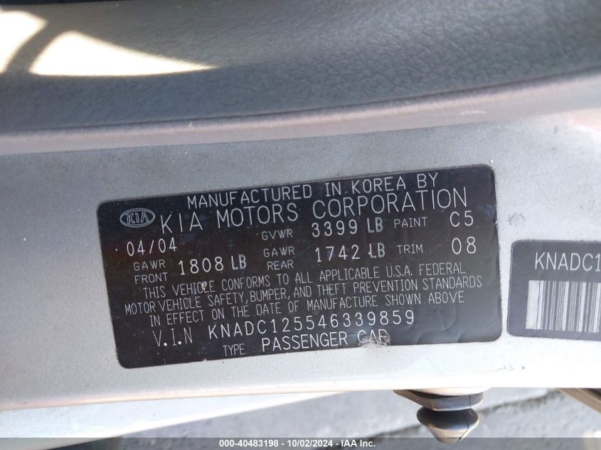 KNADC125546339859 2004 Kia Rio