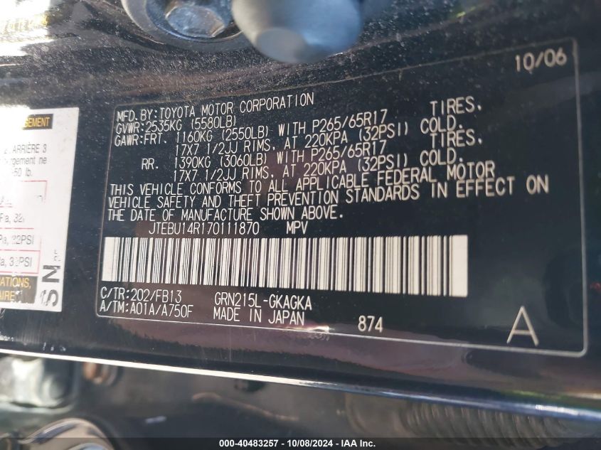 JTEBU14R170111870 2007 Toyota 4Runner Sport V6