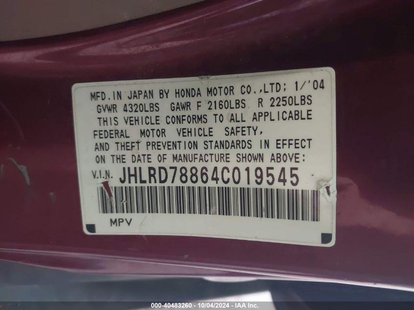 2004 Honda Cr-V Ex VIN: JHLRD78864C019545 Lot: 40483260