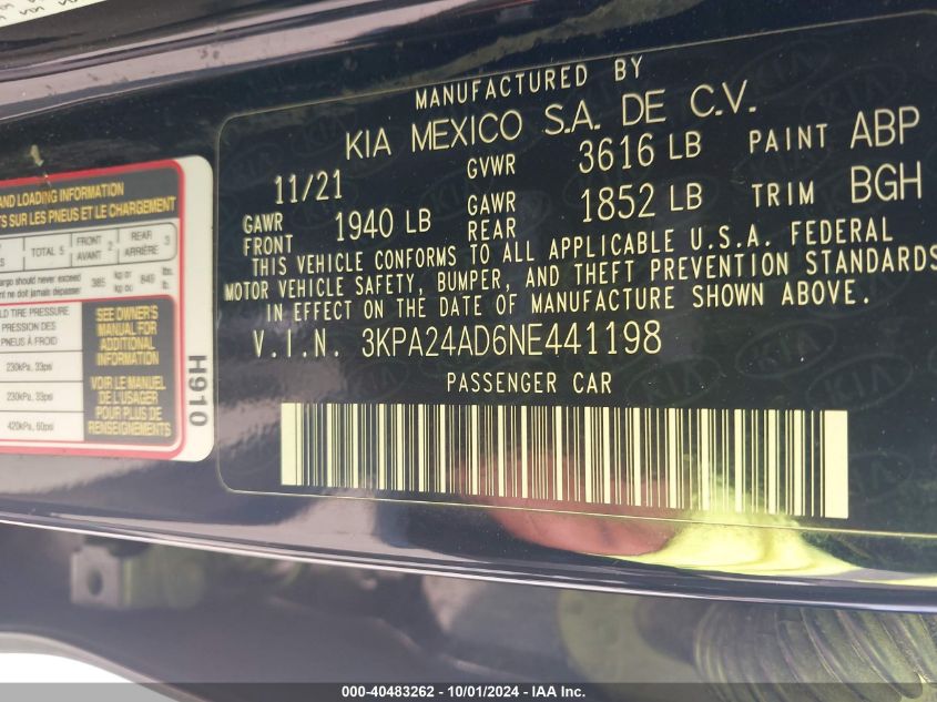 VIN 3KPA24AD6NE441198 2022 KIA Rio, S no.9