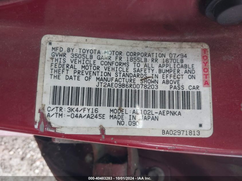 JT2AE09B6R0078203 1994 Toyota Corolla Le/Dx