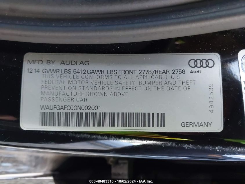 WAUFGAFC0GN002001 2016 Audi A6 3.0T Premium Plus