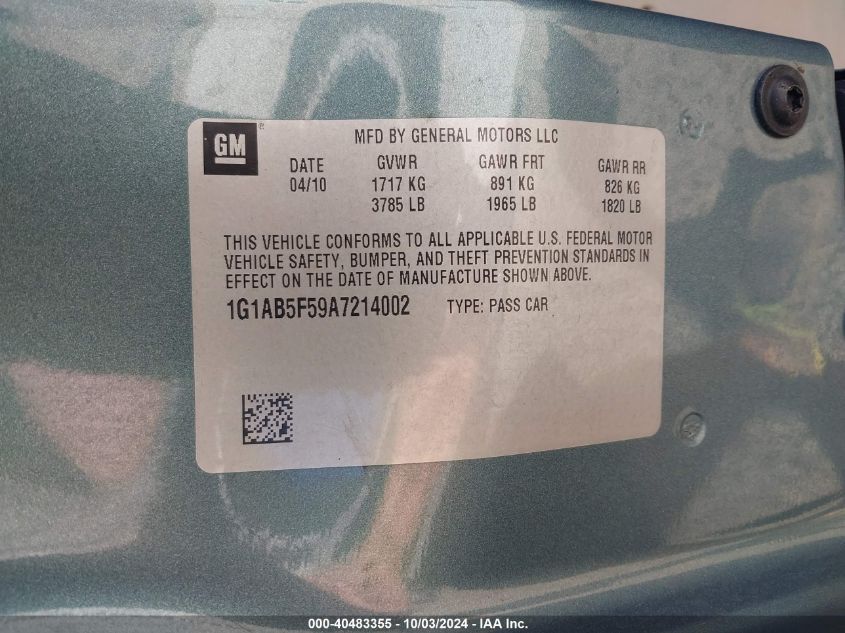 1G1AB5F59A7214002 2010 Chevrolet Cobalt Ls