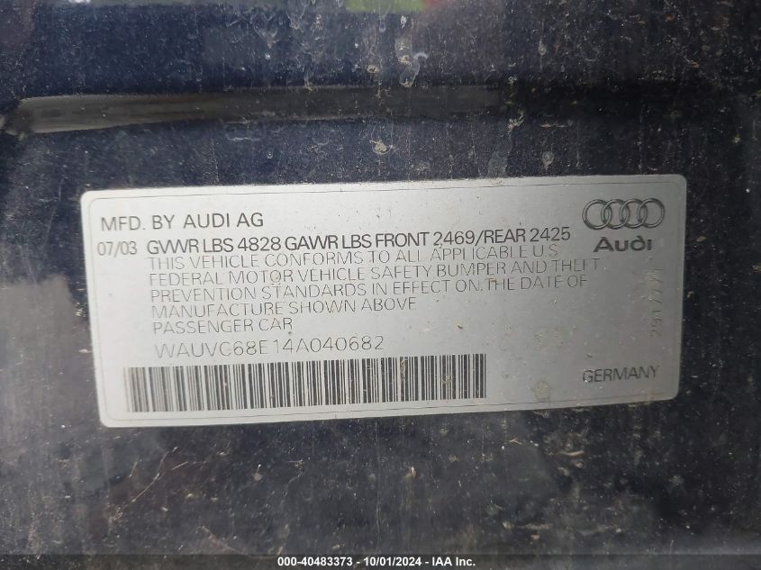 2004 Audi A4 1.8T Avant VIN: WAUVC68E14A040682 Lot: 40483373