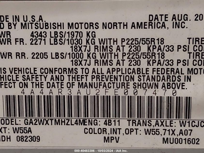 2015 Mitsubishi Outlander Sport Es VIN: 4A4AR3AU2FE007470 Lot: 40483386