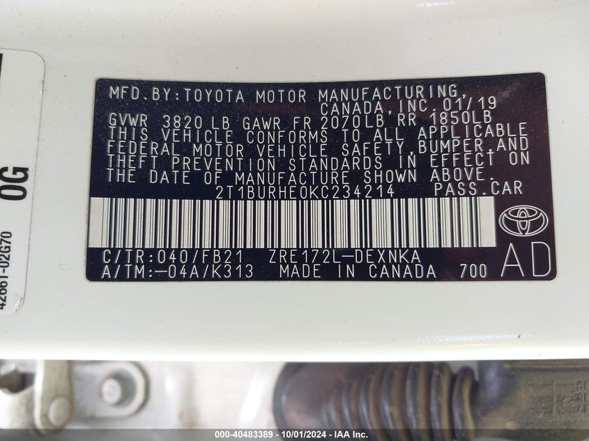 VIN 2T1BURHE0KC234214 2019 TOYOTA COROLLA LE
