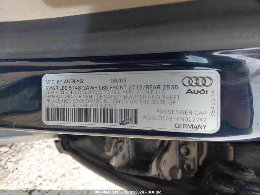 2004 Audi A6 2.7T Quattro VIN: WAULD64B14N022742 Lot: 40483415