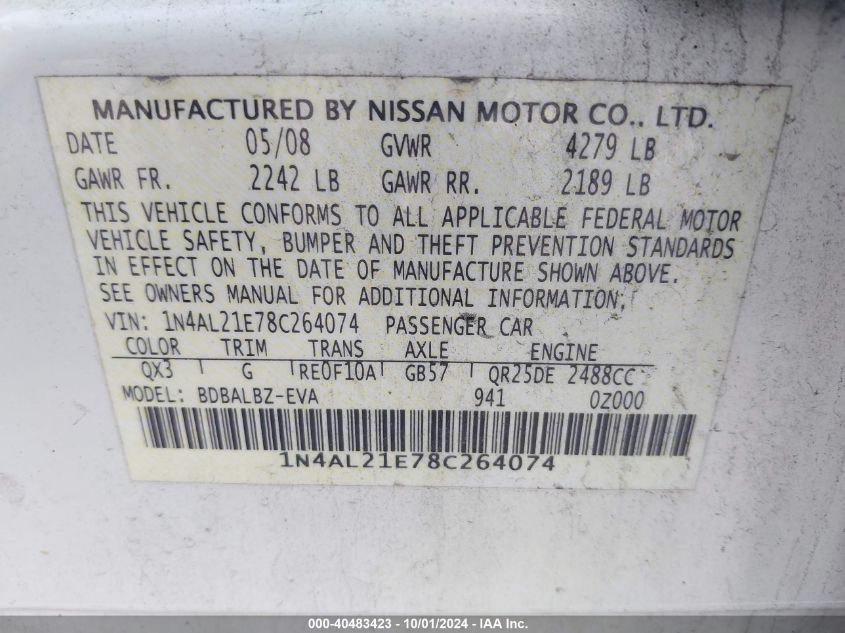 1N4AL21E78C264074 2008 Nissan Altima 2.5 S