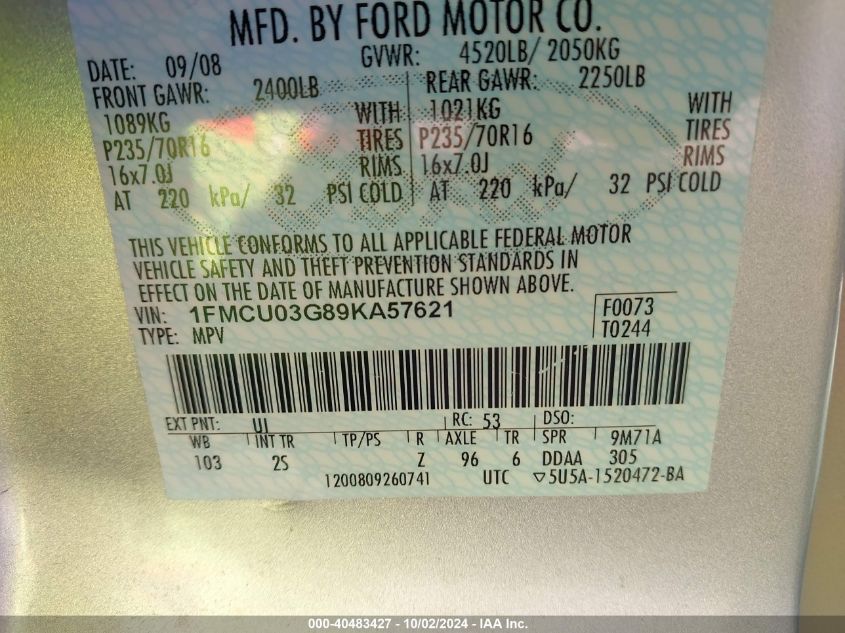 1FMCU03G89KA57621 2009 Ford Escape Xlt