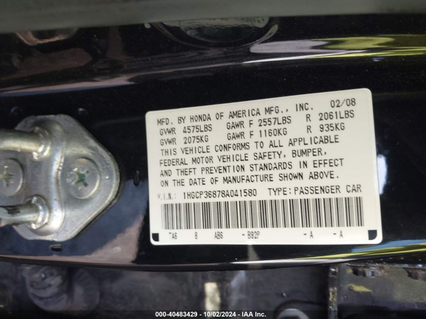 1HGCP36878A041580 2008 Honda Accord 3.5 Ex-L