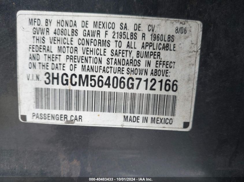 3HGCM56406G712166 2006 Honda Accord Lx