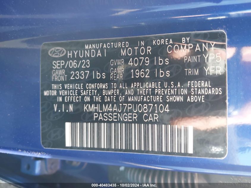 2023 Hyundai Elantra Hybrid Blue VIN: KMHLM4AJ7PU087104 Lot: 40483435