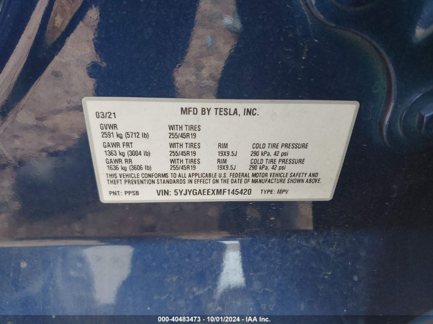 5YJYGAEEXMF145420 2021 Tesla Model Y