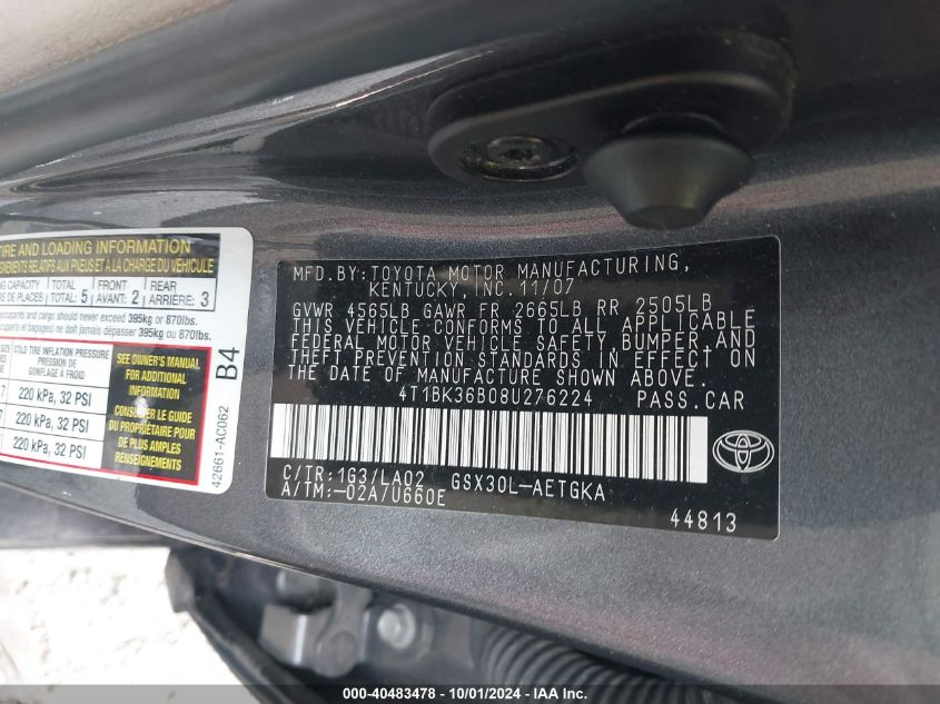 4T1BK36B08U276224 2008 Toyota Avalon Xls