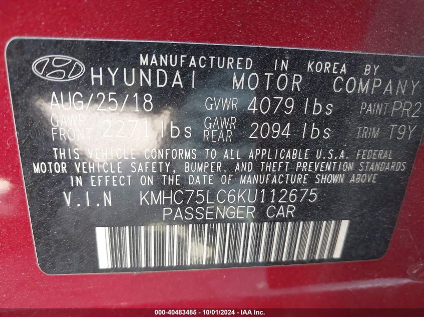 2019 Hyundai Ioniq Hybrid Sel VIN: KMHC75LC6KU112675 Lot: 40483485