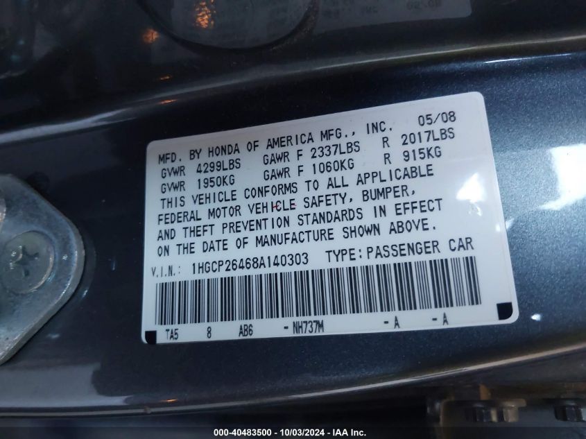 1HGCP26468A140303 2008 Honda Accord 2.4 Lx-P