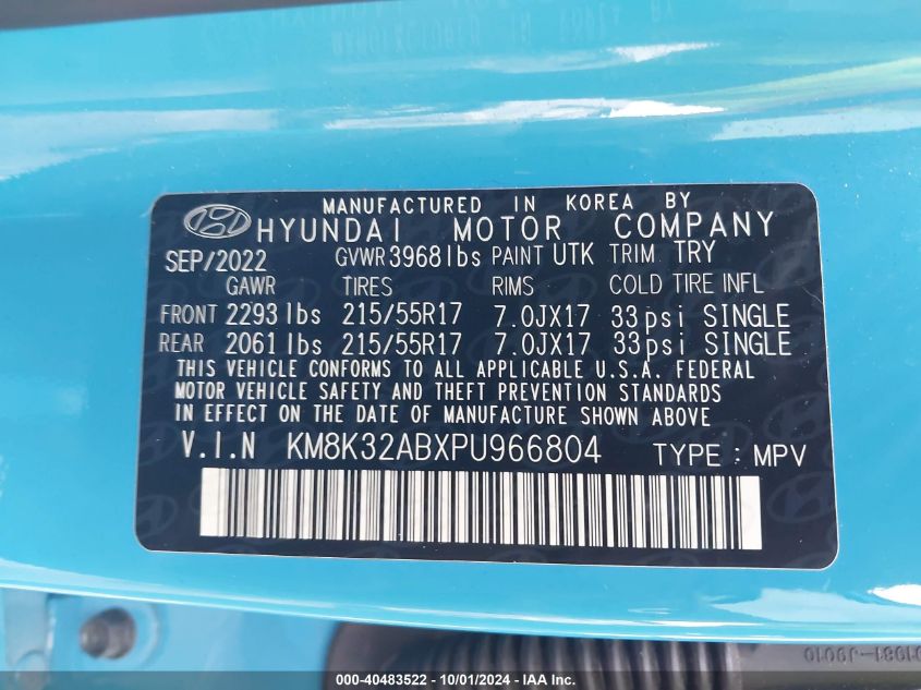 2023 Hyundai Kona Sel VIN: KM8K32ABXPU966804 Lot: 40483522