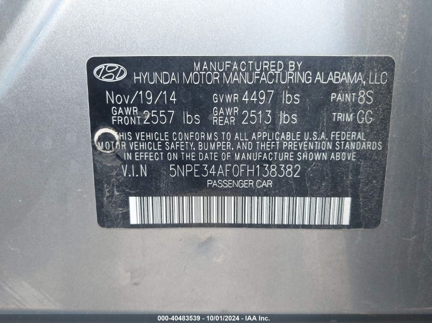 5NPE34AF0FH138382 2015 Hyundai Sonata Limited