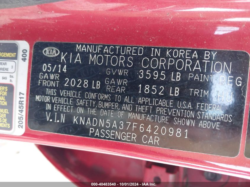 KNADN5A37F6420981 2015 Kia Rio Ex/Sx