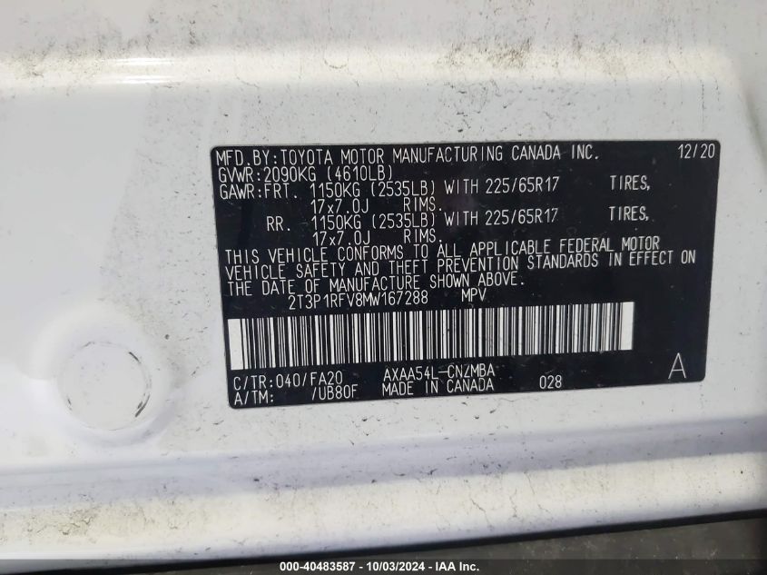 2021 Toyota Rav4 Xle VIN: 2T3P1RFV8MW167288 Lot: 40483587