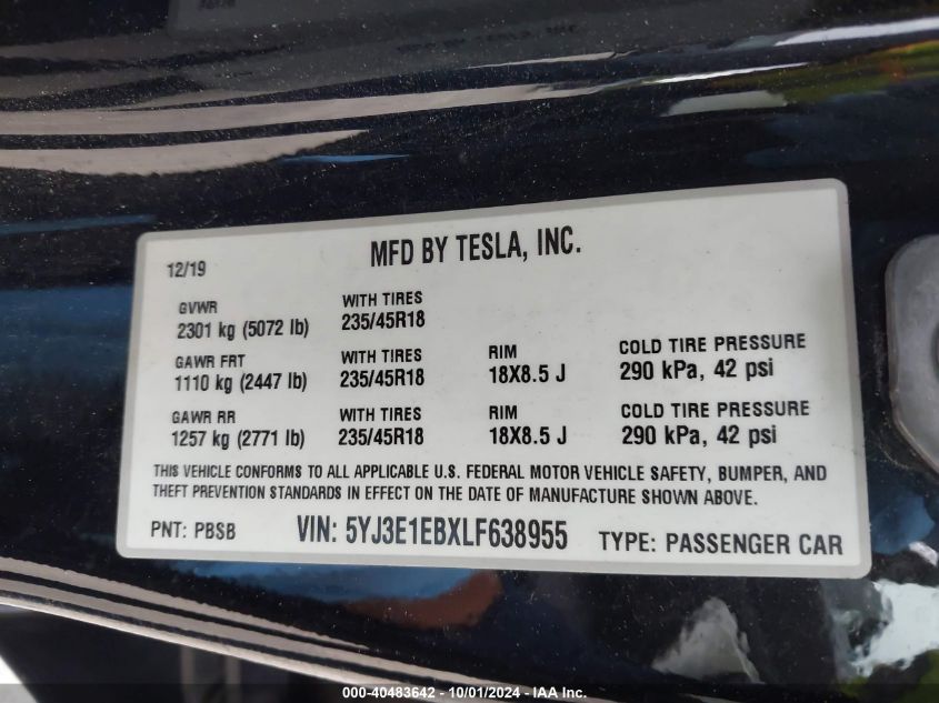 2020 Tesla Model 3 VIN: 5YJ3E1EBXLF638955 Lot: 40483642