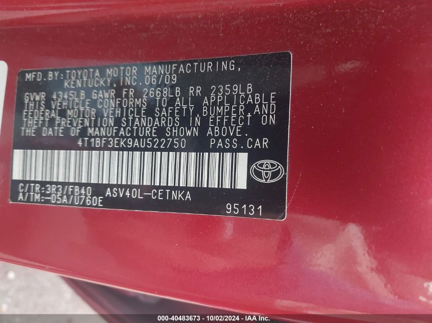 4T1BF3EK9AU522750 2010 Toyota Camry Le