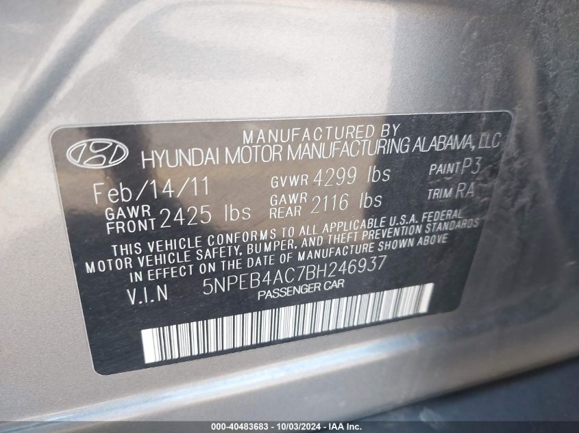 5NPEB4AC7BH246937 2011 Hyundai Sonata Gls