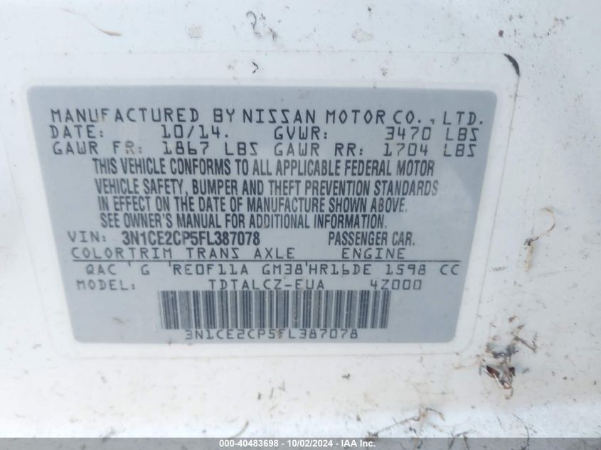 3N1CE2CP5FL387078 2015 Nissan Versa Note S Plus