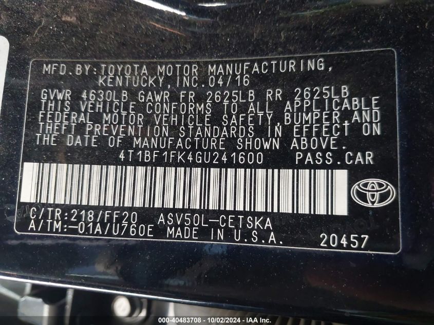 4T1BF1FKRGU241600 2016 Toyota Camry Se