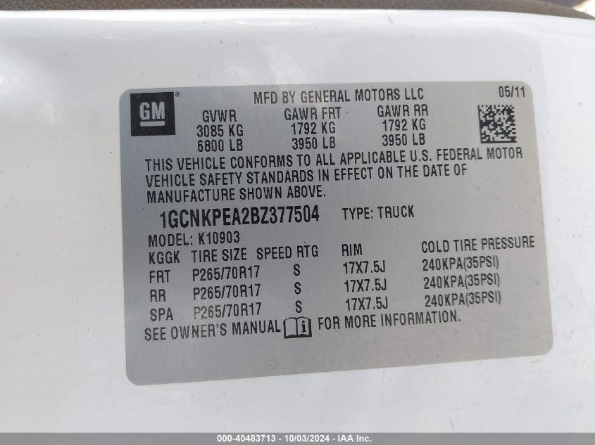 1GCNKPEA2BZ377504 2011 Chevrolet Silverado 1500 Work Truck