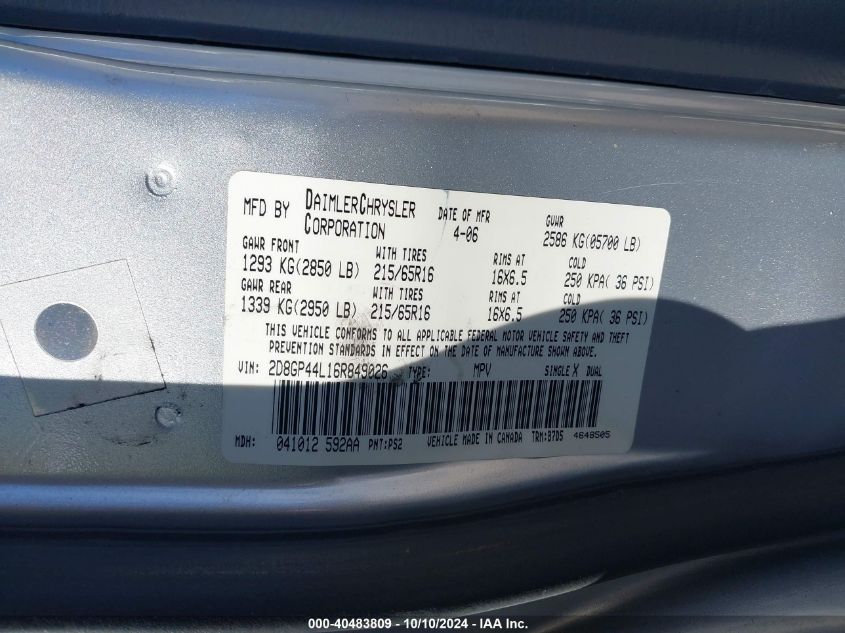 2006 Dodge Grand Caravan Sxt VIN: 2D8GP44L16R849026 Lot: 40483809