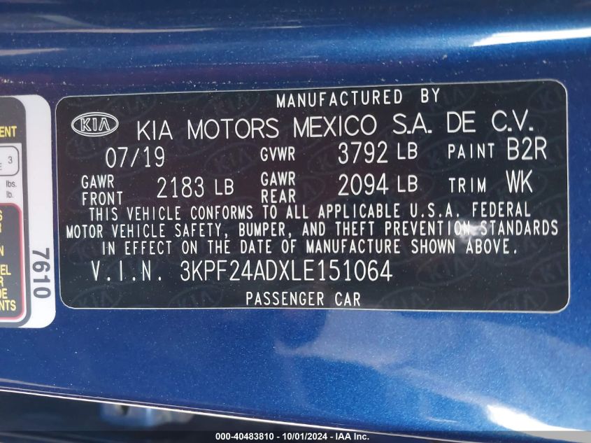 2020 Kia Forte Lxs VIN: 3KPF24ADXLE151064 Lot: 40483810