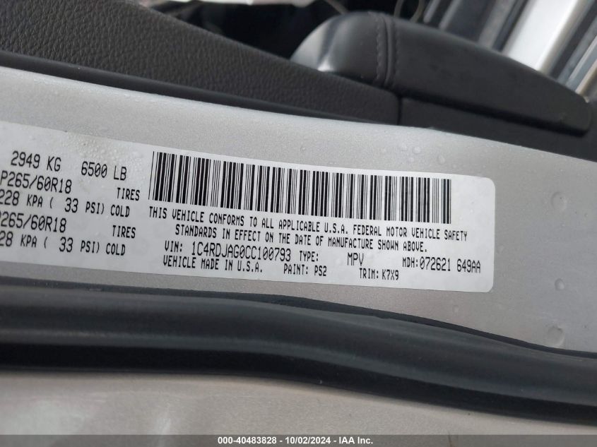 1C4RDJAG0CC100793 2012 Dodge Durango Sxt