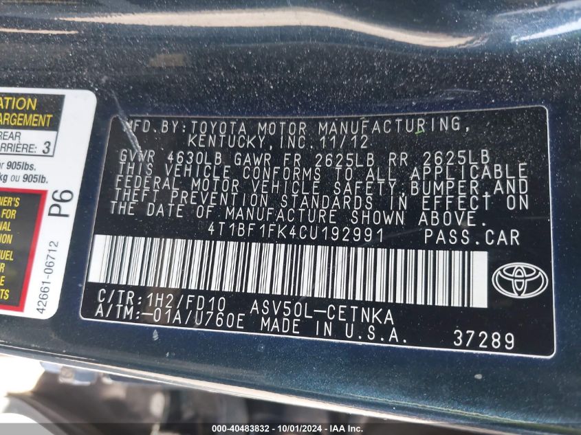 4T1BF1FK4CU192991 2012 Toyota Camry Le