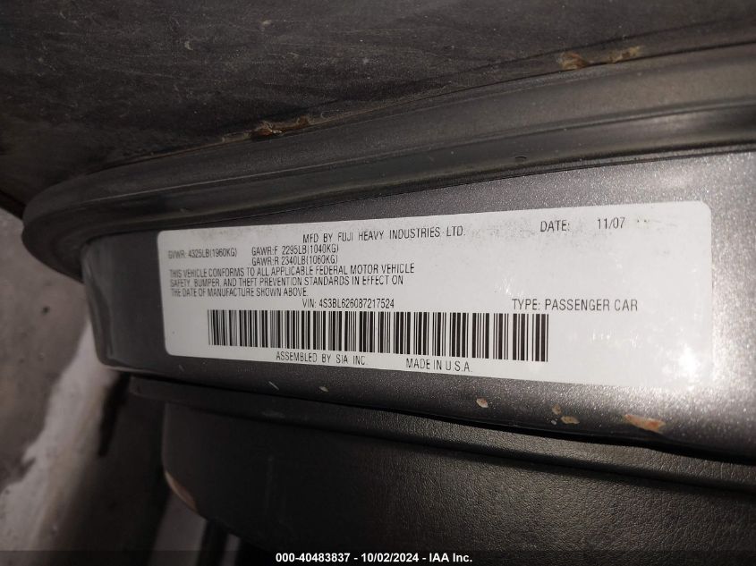 4S3BL626087217524 2008 Subaru Legacy 2.5I Limited