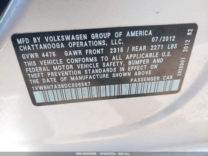 2013 Volkswagen Passat 2.5L Se VIN: 1VWBH7A38DC006567 Lot: 40483855