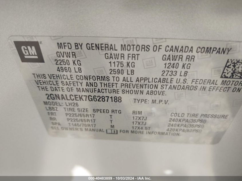 2GNALCEK7G6287188 2016 Chevrolet Equinox Lt