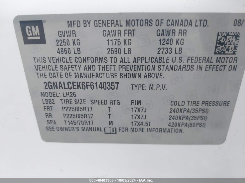 2GNALCEK6F6140357 2015 Chevrolet Equinox 2Lt