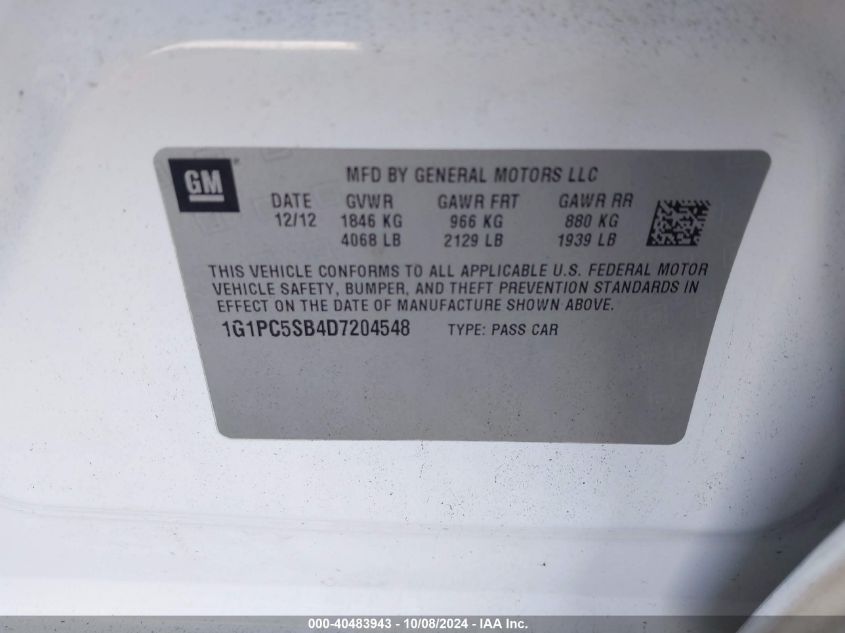 1G1PC5SB4D7204548 2013 Chevrolet Cruze Lt