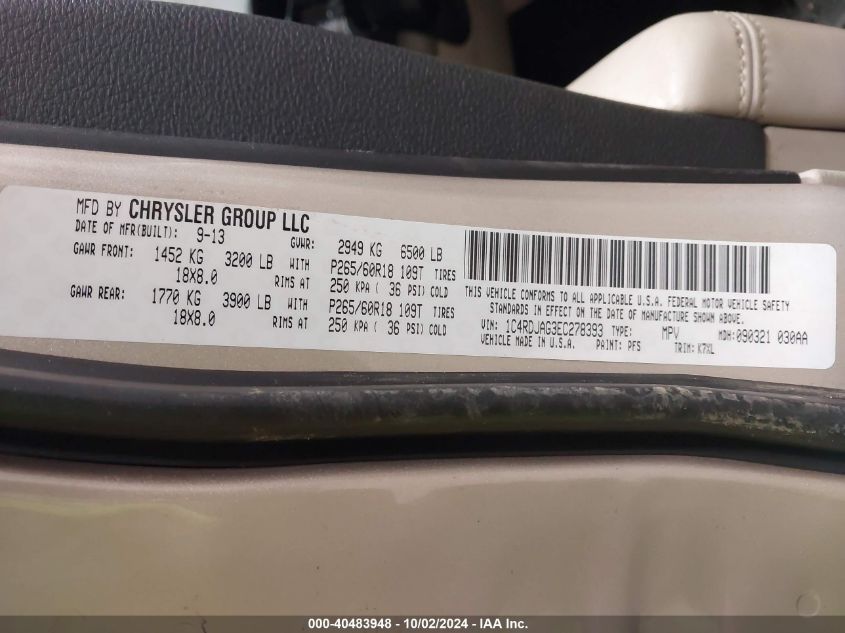 1C4RDJAG3EC278393 2014 Dodge Durango Sxt